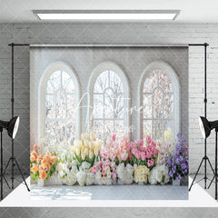 Aperturee - Aperturee Spring Color Floral Window Wedding Room Set Backdrop