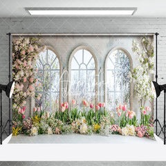 Aperturee - Aperturee Spring Color Floral Window Wedding Room Set Backdrop