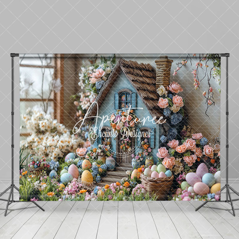 Aperturee - Aperturee Spring Colorful Floral Egg Blue Hosue Easter Backdrop