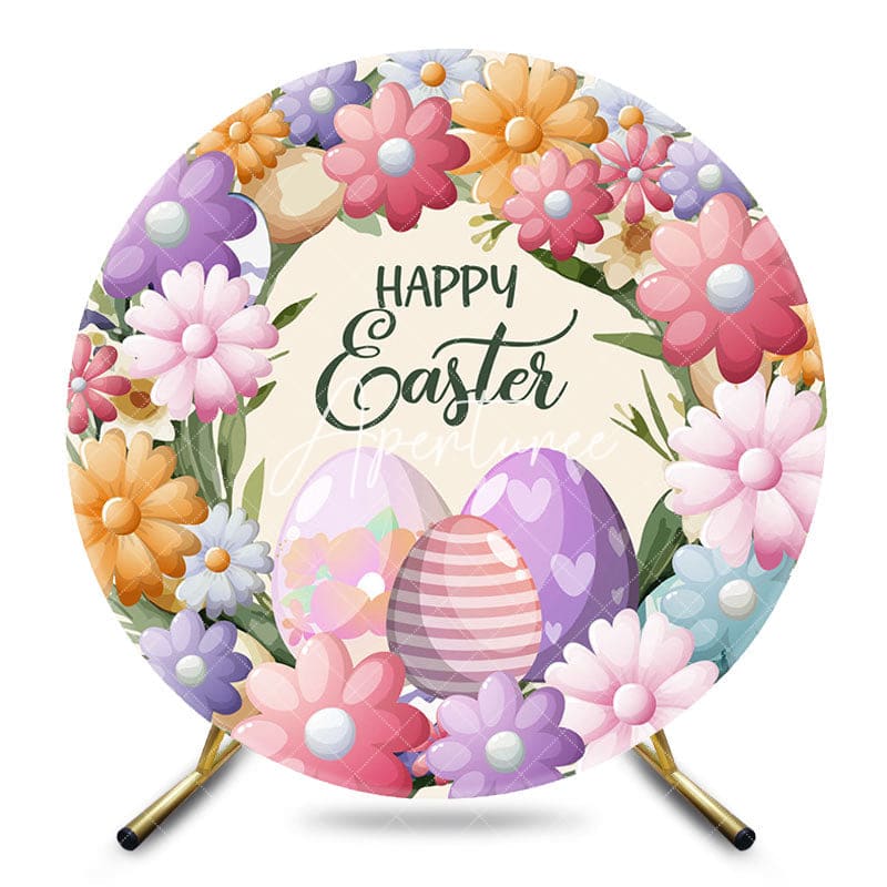 Aperturee - Aperturee Spring Colorful Floral Eggs Round Easter Backdrop