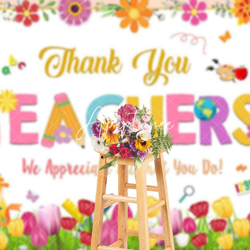 Aperturee - Aperturee Spring Colorful Floral Thank You Teachers Backdrop