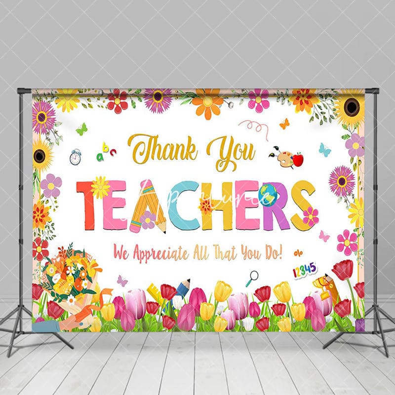 Aperturee - Aperturee Spring Colorful Floral Thank You Teachers Backdrop