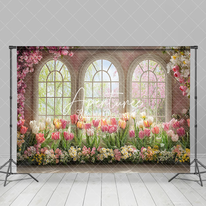 Aperturee - Aperturee Spring Colorful Floral Window Scene Photo Backdrop