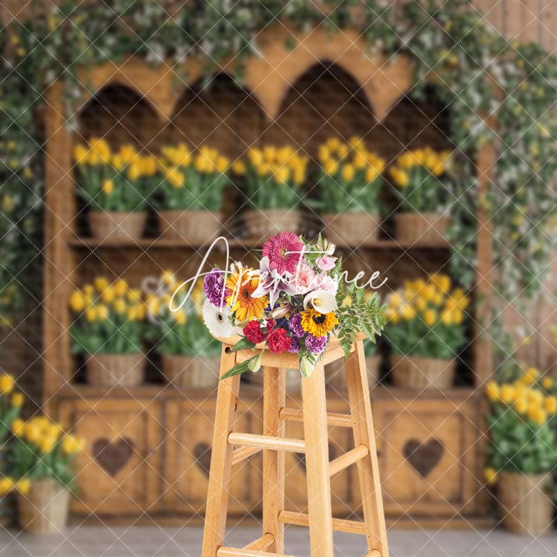 Aperturee - Aperturee Spring Design Wooden Cabinet Yellow Tulips Backdrop