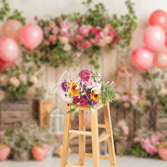 Aperturee - Aperturee Spring Floral Balloons Wood Valentines Day Backdrop