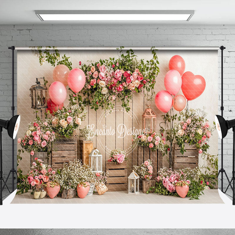 Aperturee - Aperturee Spring Floral Balloons Wood Valentines Day Backdrop