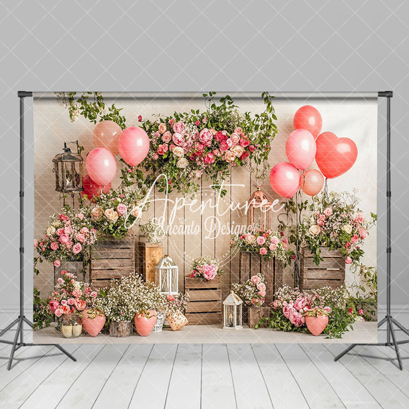 Aperturee - Aperturee Spring Floral Balloons Wood Valentines Day Backdrop