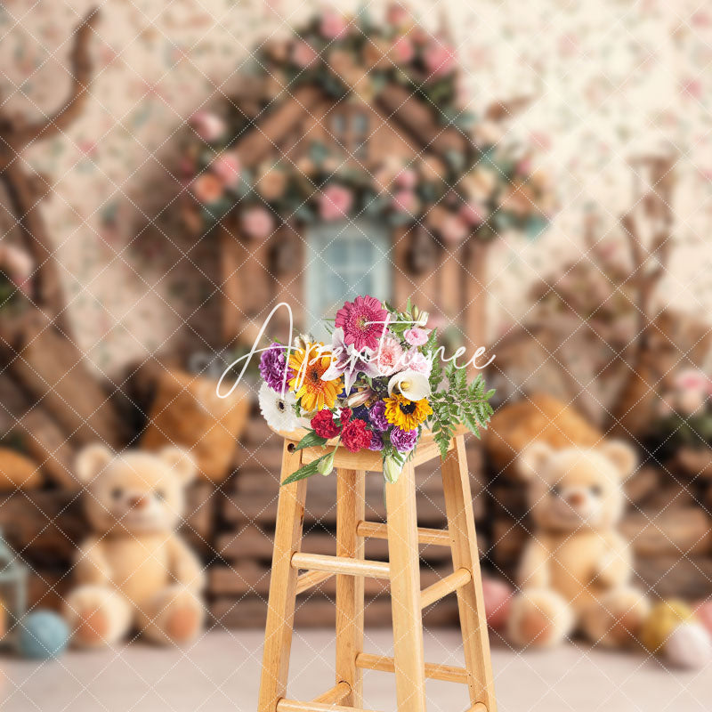 Aperturee - Aperturee Spring Floral Bear Wood House Cake Smash Backdrop