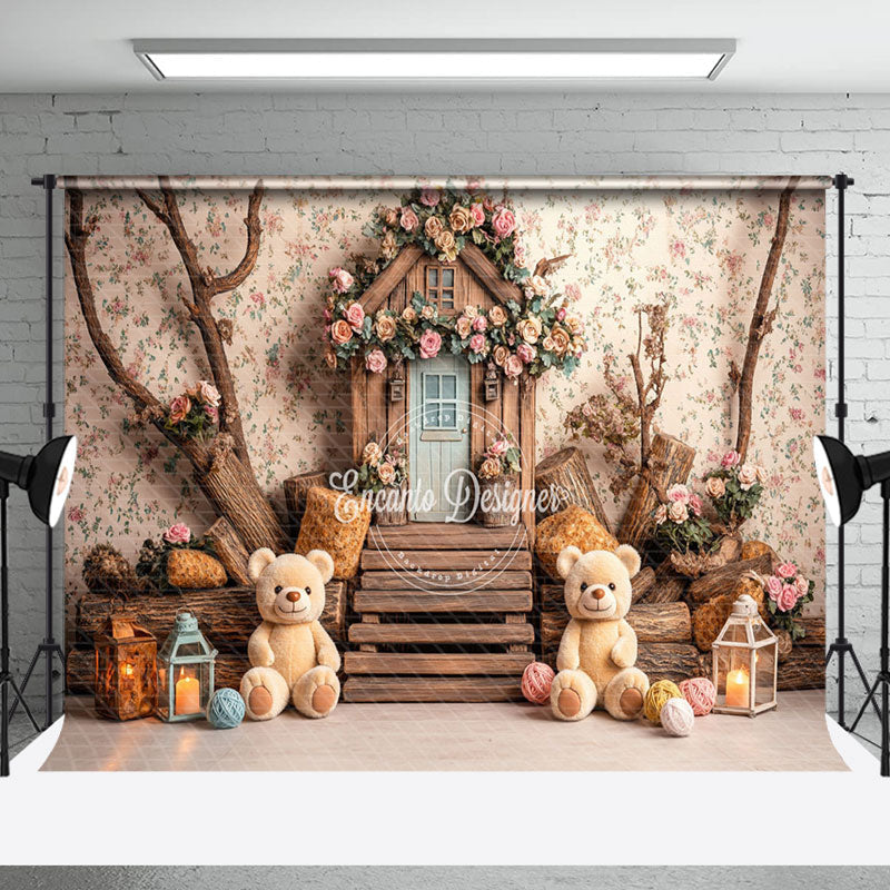 Aperturee - Aperturee Spring Floral Bear Wood House Cake Smash Backdrop