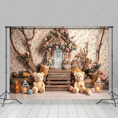 Aperturee - Aperturee Spring Floral Bear Wood House Cake Smash Backdrop