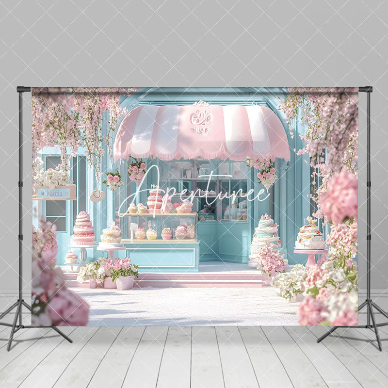 Aperturee - Aperturee Spring Floral Blue Dessert Shop Cake Smash Backdrop