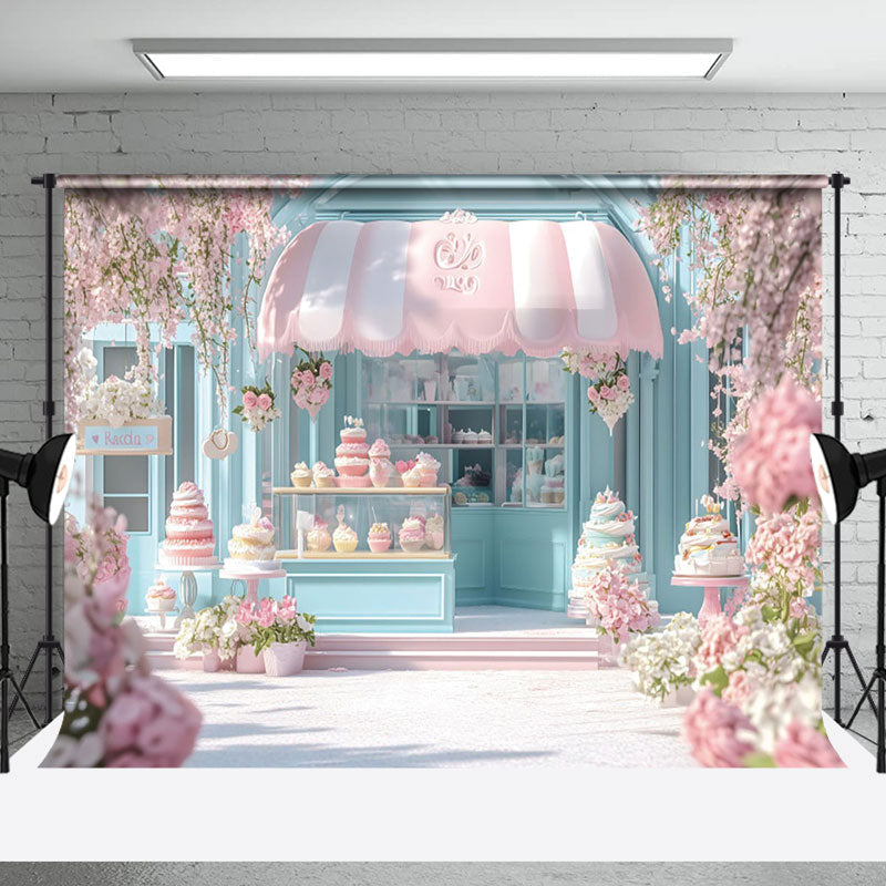 Aperturee - Aperturee Spring Floral Blue Dessert Shop Cake Smash Backdrop