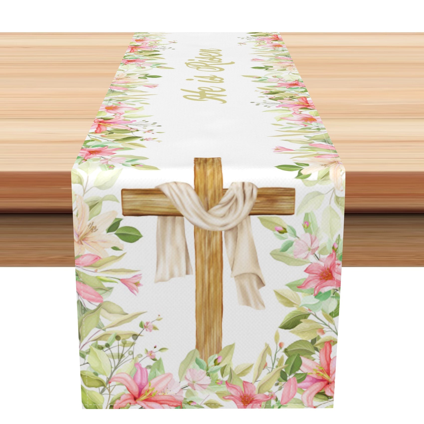 Aperturee - Aperturee Spring Floral Greenery Cross Easter Table Runner