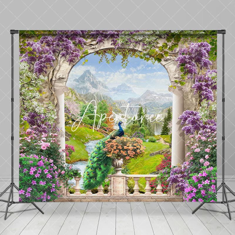 Aperturee - Aperturee Spring Floral Peacock Mountain Wonderland Backdrop