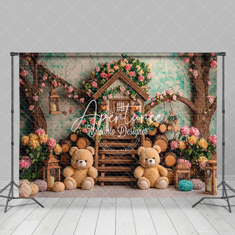 Aperturee - Aperturee Spring Floral Tree House Bear Cake Smash Backdrop