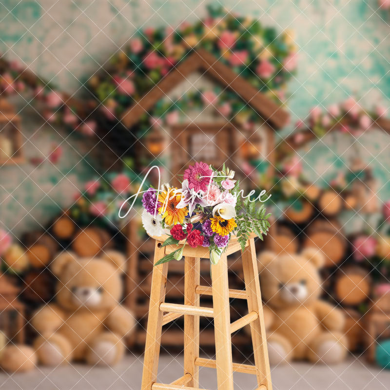 Aperturee - Aperturee Spring Floral Tree House Bear Cake Smash Backdrop