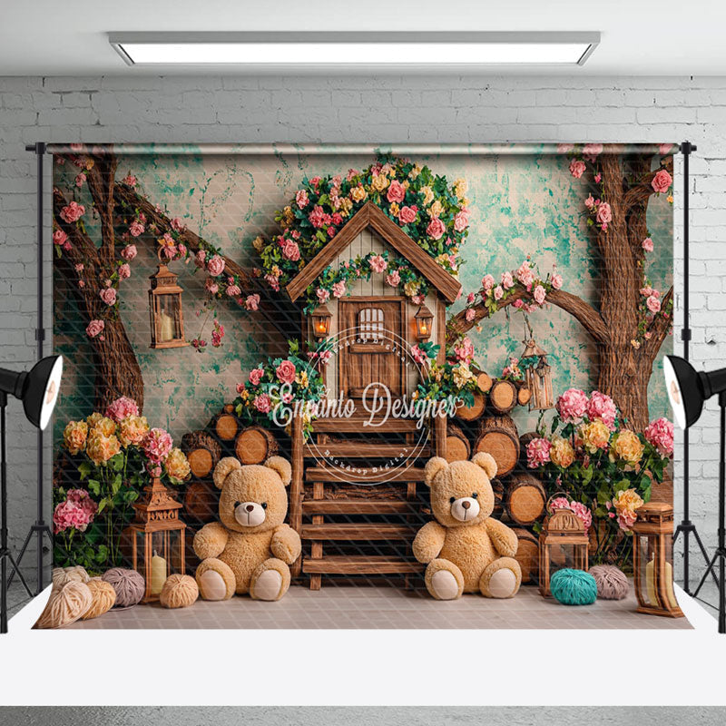 Aperturee - Aperturee Spring Floral Tree House Bear Cake Smash Backdrop