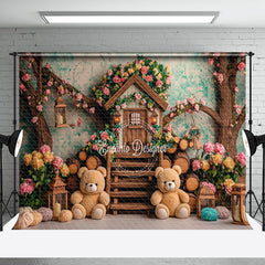 Aperturee - Aperturee Spring Floral Tree House Bear Cake Smash Backdrop