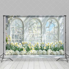 Aperturee - Aperturee Spring Floral Trees White Window Scenery Backdrop