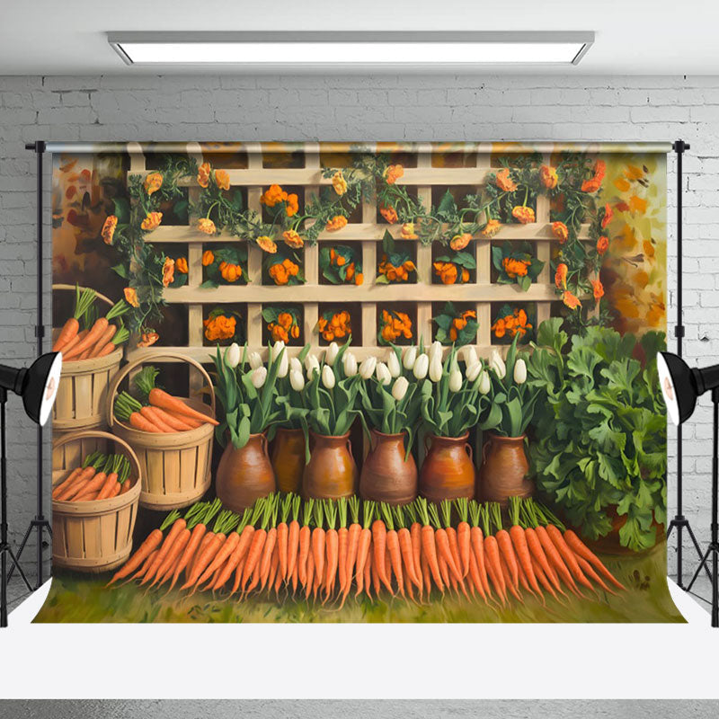 Aperturee - Aperturee Spring Garden Carrots Floral Fence Photo Backdrop