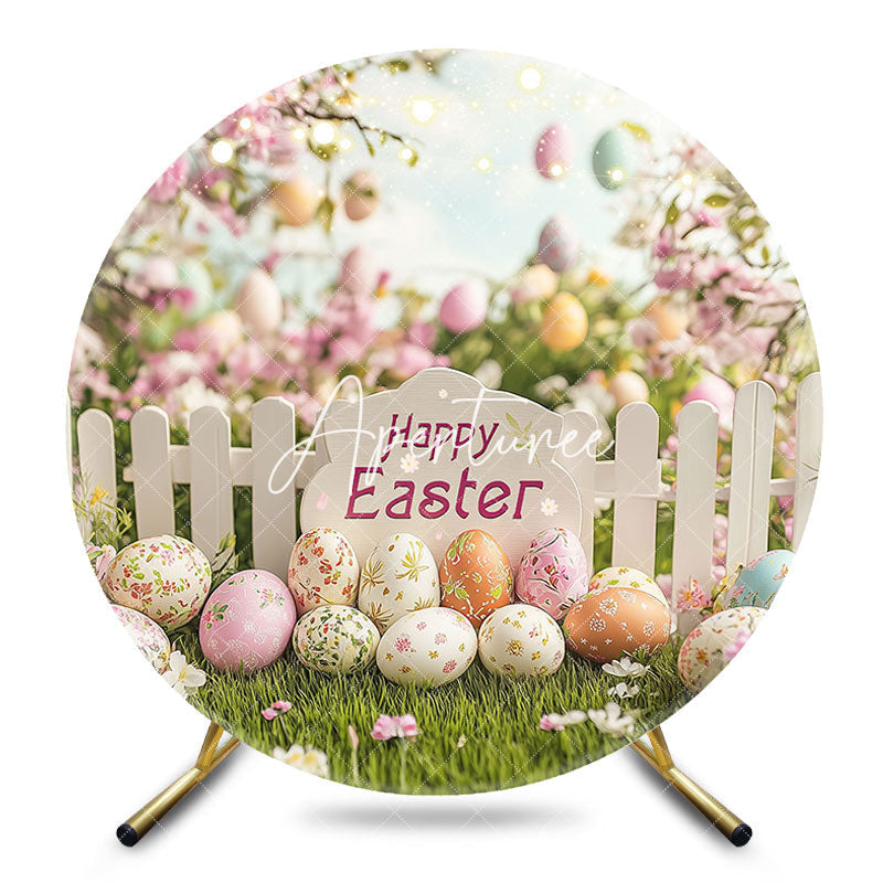 Aperturee - Aperturee Spring Garden Fence Eggs Floral Round Easter Backdrop