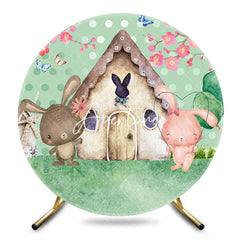 Aperturee - Aperturee Spring Green Dot Rabbit Cabin Round Birthday Backdrop