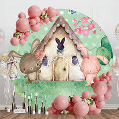 Aperturee - Aperturee Spring Green Dot Rabbit Cabin Round Birthday Backdrop