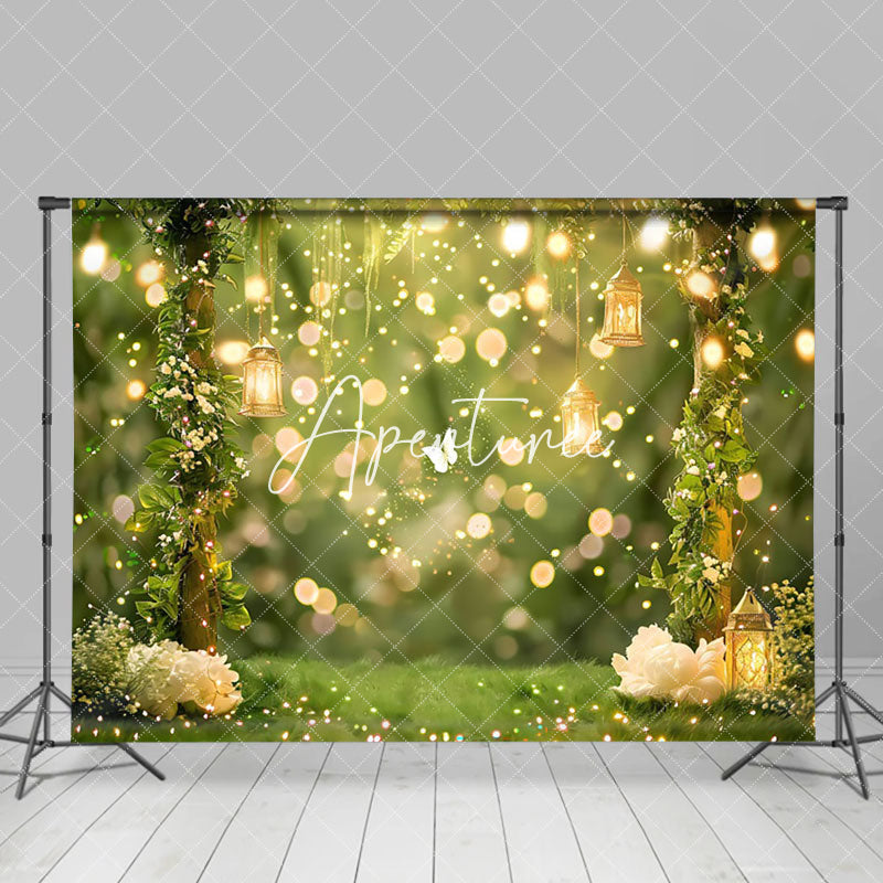 Aperturee - Aperturee Spring Green Forest Gold Bokeh Backdrop For Wedding