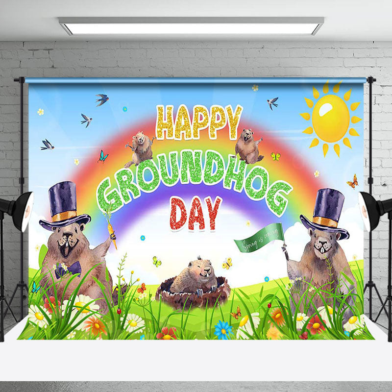 Aperturee - Aperturee Spring Green Grassland Happy Groundhog Day Backdrop