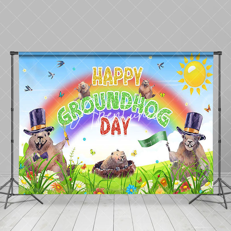 Aperturee - Aperturee Spring Green Grassland Happy Groundhog Day Backdrop