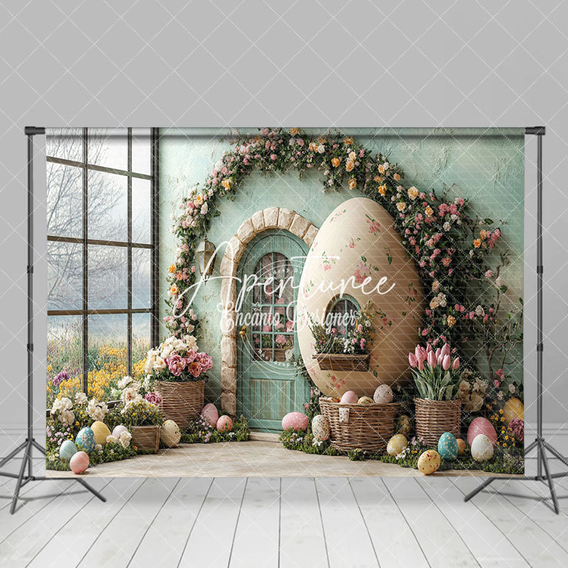 Aperturee - Aperturee Spring Green House Floral Eggs Easter Photo Backdrop