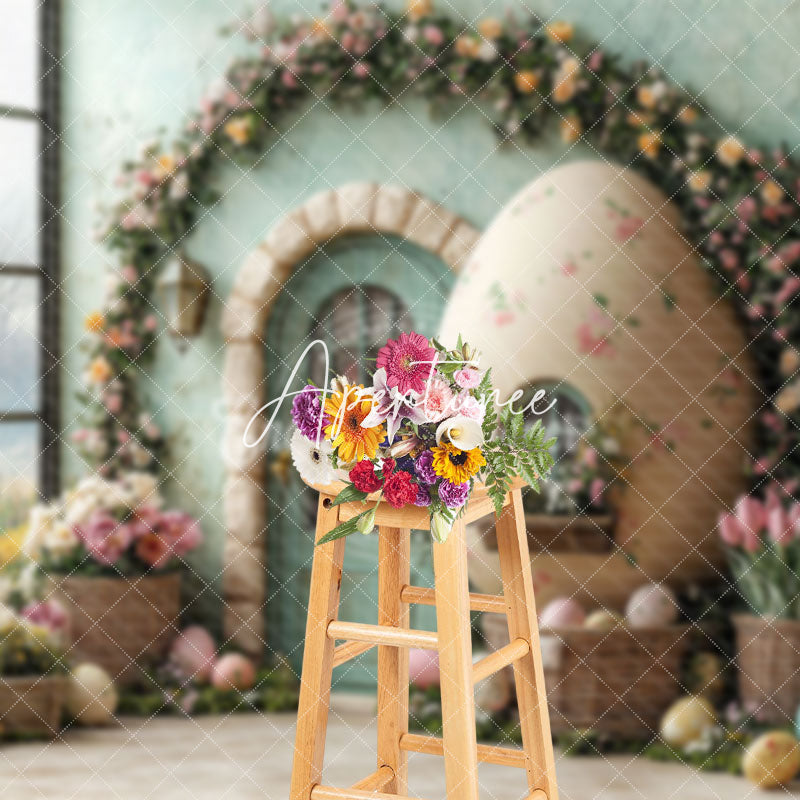 Aperturee - Aperturee Spring Green House Floral Eggs Easter Photo Backdrop