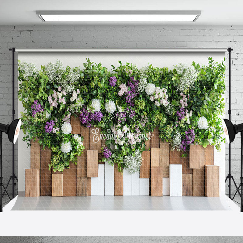 Aperturee - Aperturee Spring Greenery Floral Wooden Wall Photo Backdrop