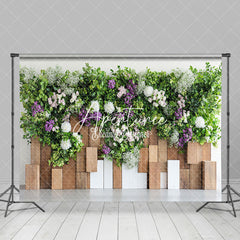 Aperturee - Aperturee Spring Greenery Floral Wooden Wall Photo Backdrop