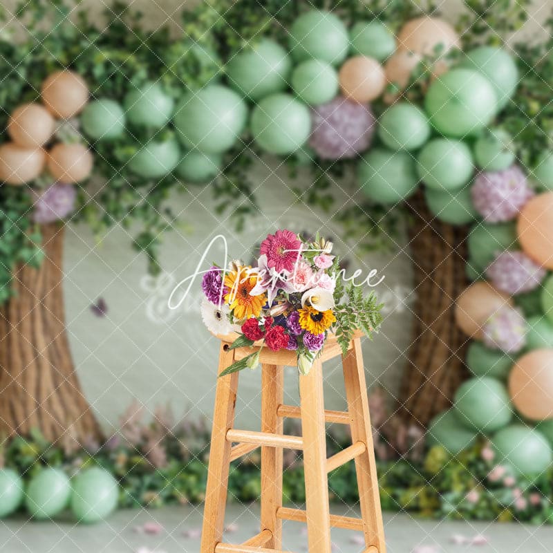 Aperturee - Aperturee Spring Greenery Tree Balloon Floral Cake Smash Backdrop