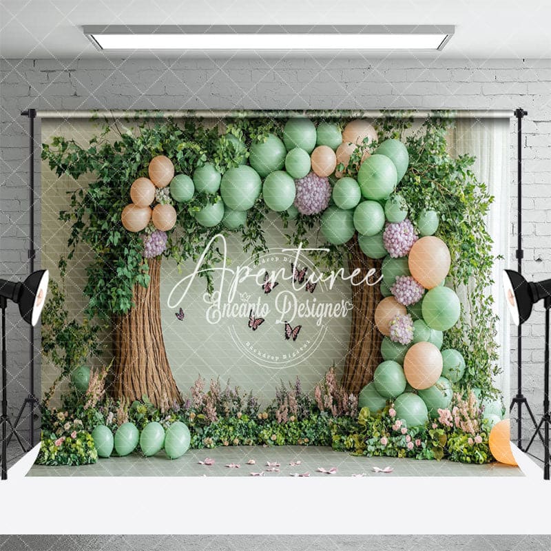 Aperturee - Aperturee Spring Greenery Tree Balloon Floral Cake Smash Backdrop