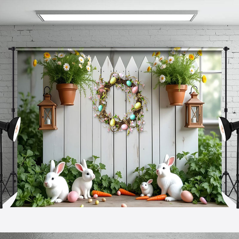 Aperturee - Aperturee Spring Greenery Wreath Bunny Easter Photo Backdrop