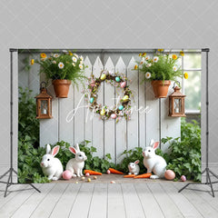 Aperturee - Aperturee Spring Greenery Wreath Bunny Easter Photo Backdrop