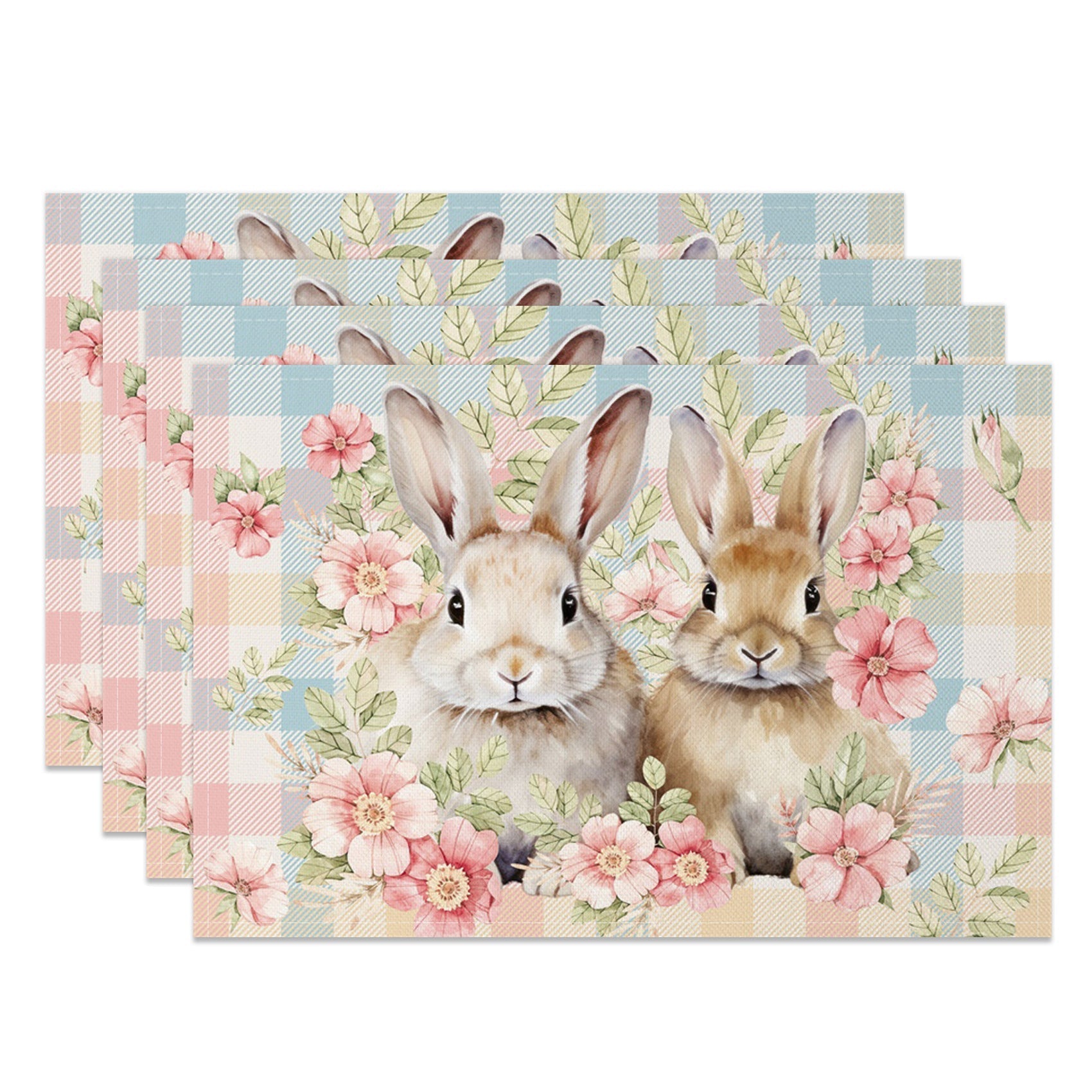 Aperturee - Aperturee Spring Pink Floral Bunny Easter Set Of 4 Placemats