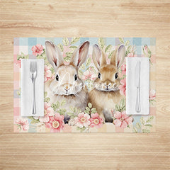 Aperturee - Aperturee Spring Pink Floral Bunny Easter Set Of 4 Placemats