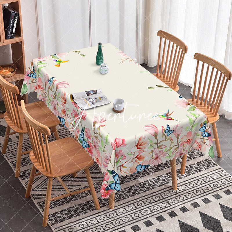 Aperturee - Aperturee Spring Pink Floral Butterfly Rectangle Tablecloth