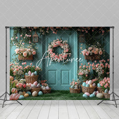 Aperturee - Aperturee Spring Pink Floral Eggs Blue Wall Easter Backdrop