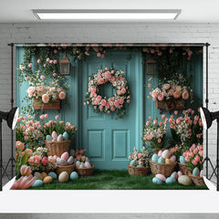 Aperturee - Aperturee Spring Pink Floral Eggs Blue Wall Easter Backdrop