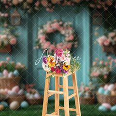 Aperturee - Aperturee Spring Pink Floral Eggs Blue Wall Easter Backdrop