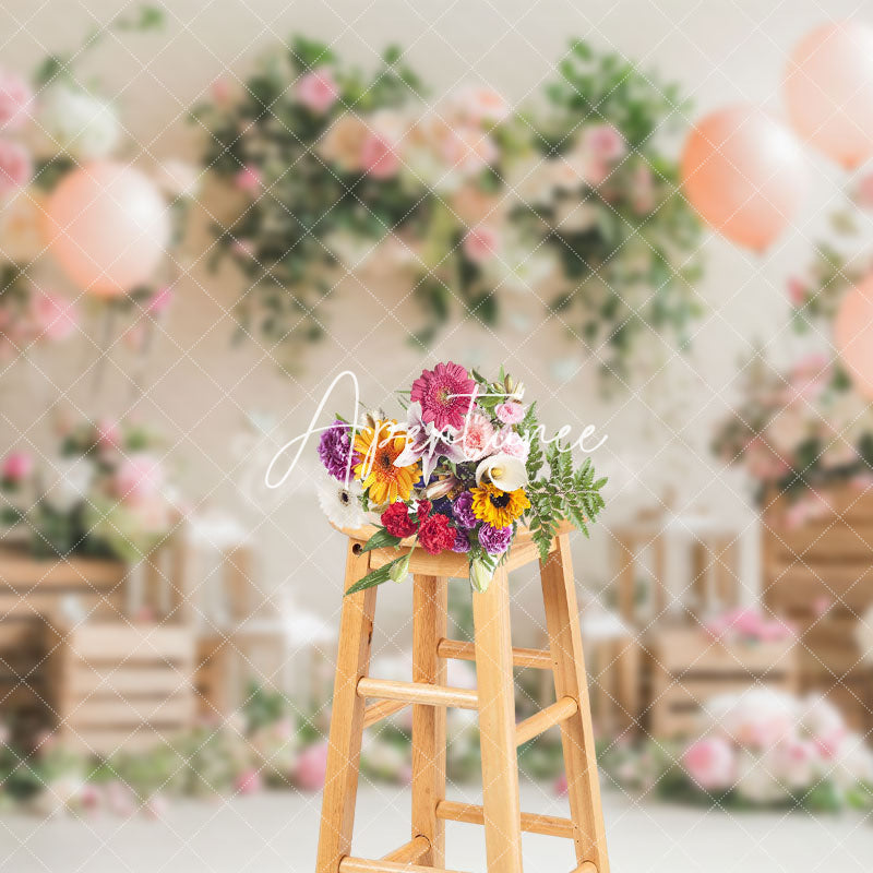 Aperturee - Aperturee Spring Pink Floral Plant Balloons Romantic Backdrop