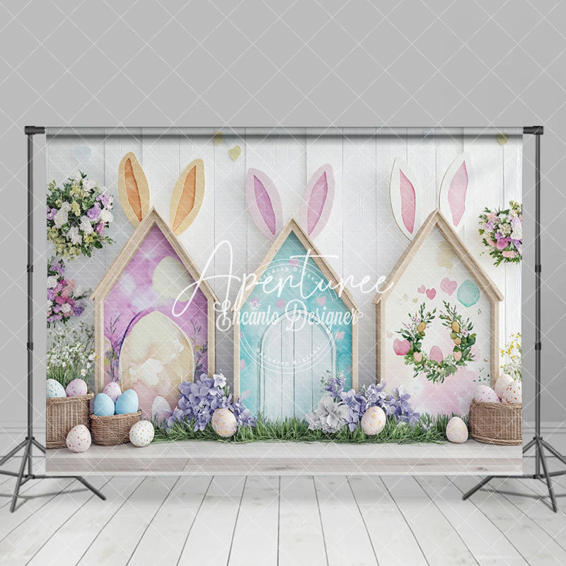 Aperturee - Aperturee Spring Rabbit Hutch Eggs Floral Easter Photo Backdrop