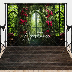 Aperturee - Aperturee Spring Red Floral Greenery Window Combo Set Backdrop