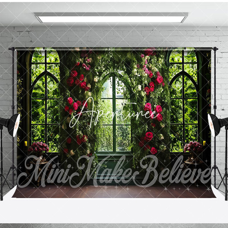 Aperturee - Aperturee Spring Red Floral Greenery Window Combo Set Backdrop