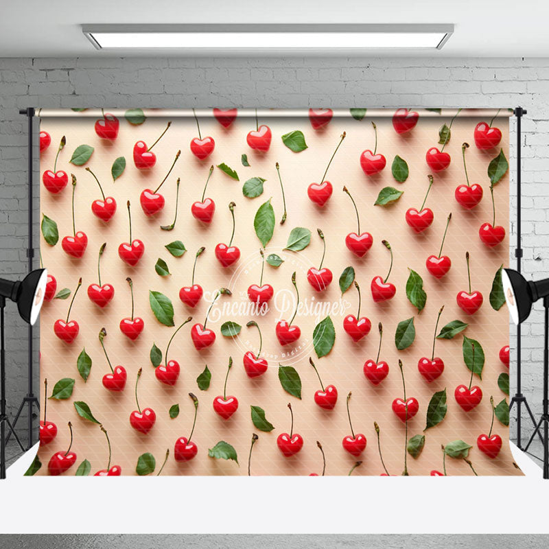 Aperturee - Aperturee Spring Red Heart Cherry Leaf Valentines Day Backdrop