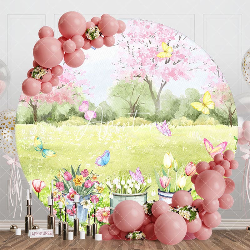 Aperturee - Aperturee Spring Scenery Trees Floral Butterfly Round Backdrop